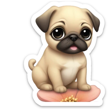 Baby pug playing with a flower pink eyes  sticker