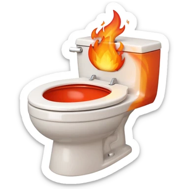 A smiling, happy white-colored toilet with fire coming from its bowl sticker