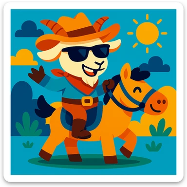 Add cool black sunglasses to the goat cowboy, keep the vibrant cartoon style. sticker