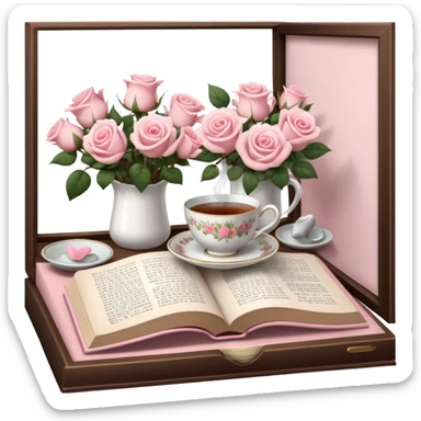 A cozy reading nook with an open book, a steaming cup of tea, and a bouquet of pale pink roses. sticker