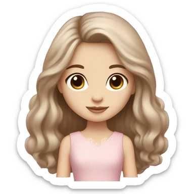 Brown long hair brown eyes girl pale skin with maltese puppy with pink dress sticker