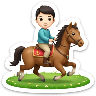 l little chinese baby riding on a  cute horse running on the grass with 2026 year label sticker