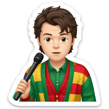 harry styles with a mic, he is wearing a patchwork colorful (red, yellow,green) cardigan sticker