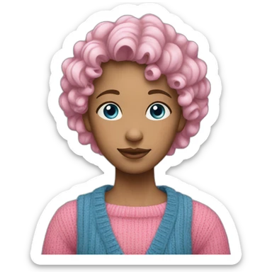 A girl, with curly blue hair, blue eyes, wearing a pink sweater. sticker