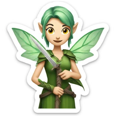 Female, forest fairy, fairy wings, pointed elf ears, short green hair, vines, holding medieval sword sticker