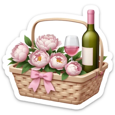 White Picnic basket with light pink bow and white peonies and a pink wine bottle inside sticker