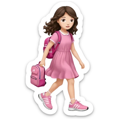 aestethic brunette very long wavy hair walking with a school backpack, with a cute pink dress, adidas shoes sticker