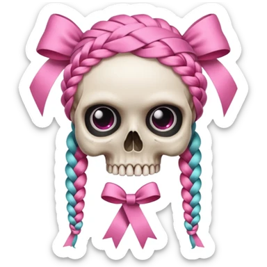 skull emoji with pink ribbon pookie and two braids sticker