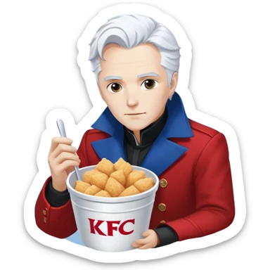 Dante and Vergil from Devil May Cry sitting together in a KFC family bucket, Dante in red coat, Vergil in blue coat, both with white hair sticker