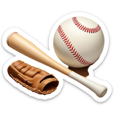 A baseball bat, ball, and glove resting on the ground, set against the backdrop of a baseball field. The scene captures the iconic equipment of the sport, with the field in the distance and a bright sky above, evoking the spirit of the game. sticker