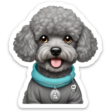 Gray toy poodle with a sweatshirt with the name Louie on his dog tag sticker
