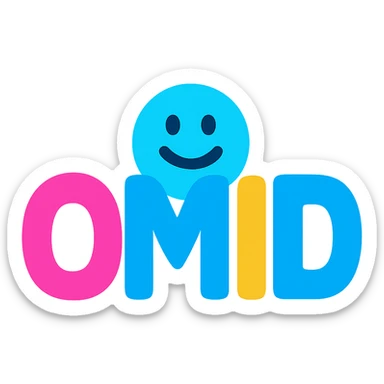Change the text to all uppercase: 'OMID'. Keep the playful icon style with rounded shapes, friendly and colorful, suitable for branding, with no background. sticker