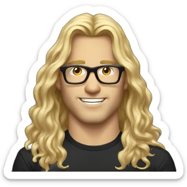 man with long wavy blonde hair, black t-shirt, and glasses, playing casio keyboard sticker