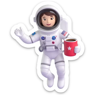 whimsical astronaut floating in space with a coffee mug sticker