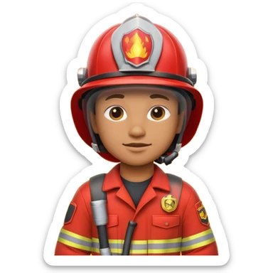 3D cartoon-style firefighter in the Apple emoji style, wearing a bright red fireproof uniform and matching helmet sticker