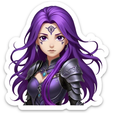 A mysterious warrior girl with long, flowing purple hair cascading down her back, strands catching the dim light like silk. Her piercing violet eyes glow. She wears sleek black armor, a perfect fusion of elegance and lethality, adorned with intricate silver engravings resembling ancient runes.  sticker
