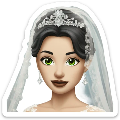 Hyper Realistic ornate ballgown long sleeve Wedding dress with diamanté on Russian bride with pale skin and green eyes and long black hair with veil and diamond jewelry hyper realistic  sticker