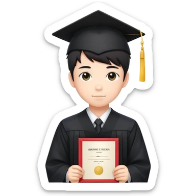 Japanese high school boy at graduation ceremony wearing gakuran uniform holding diploma sticker