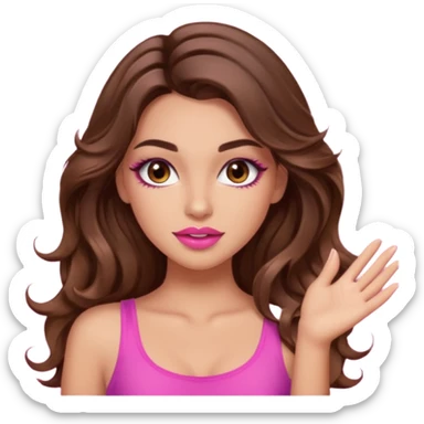 girl with long wavy brown hair, brown eyes, long lashes makeup, sexy pink lips, light to medium complexion, pink sexy top,slapping sticker