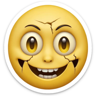 A horror-style emoji face, round yellow emoji shape, distorted facial expression, dark hollow eyes, creepy smile, cracked surface, unsettling mood, high detail, 3D render
 sticker