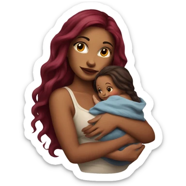 Beautiful tattooed burgundy long haired woman holding a baby sticker