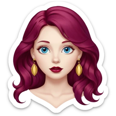 Long wavy burgundy plum color hair, pale skin, female with big Sky blue  eyes, plump red lips, with gold lip earring sticker