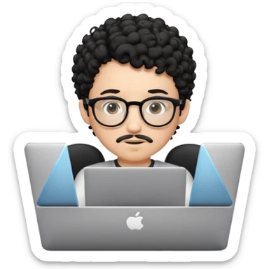 A young boy DEVELOPER WITH A laptop, black curly short hair, wearing glasses, a thin goatee, his skin is white sticker