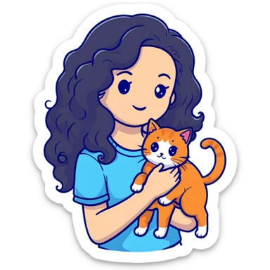 girl with long black curly hair holding a ginger cat sticker