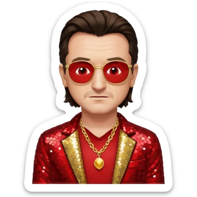 Bono with gold sequin jacket, red shirt with necklace, dark brown medium hair sticker
