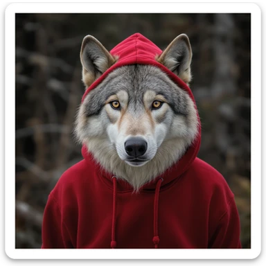 realistic white wolf with a red hoodie, soft lighting, naturalistic background sticker