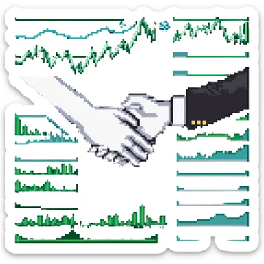 icon representing new economic politics with abstract symbols like currency, graphs, and handshake sticker
