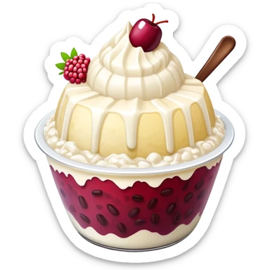 Korean Bingsu shaved ice dessert with red beans and fruit sticker