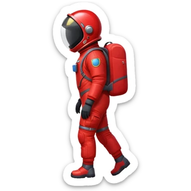 Shadowy figure wearing a red space suit and red backpack, shiny visor, side view, full body sticker