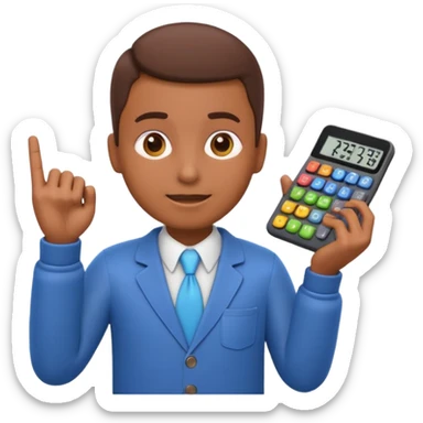 3D iPhone style emoji of a person using a calculator, finger pressing colorful buttons, digital display showing numbers, isolated on white background, soft shadows, high detail, playful and cute. sticker