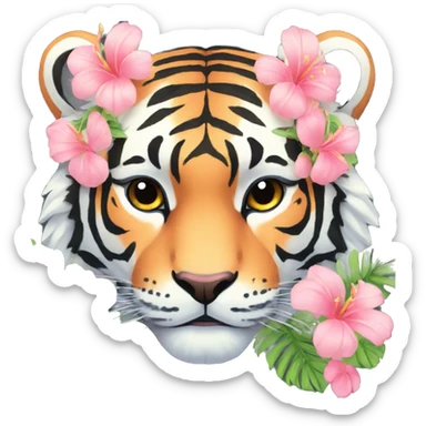 Pixel art of a pastel tiger wearing tropical flowers and leaves, flower crown, floral  sticker