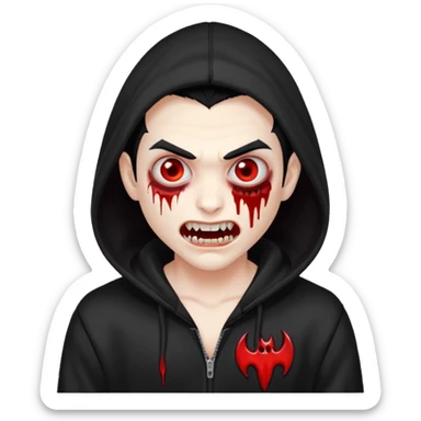 Vampire with gray white skin and full white eyes and bloody fangs and a black hoodie and scary face and black hair  sticker