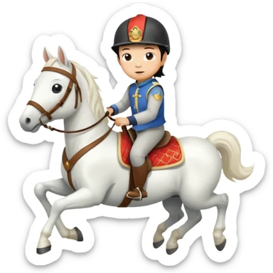 “A Chinese little boy is riding a cute white small horse, and the horse is running. The blanket on the saddle says ‘2026.’” sticker