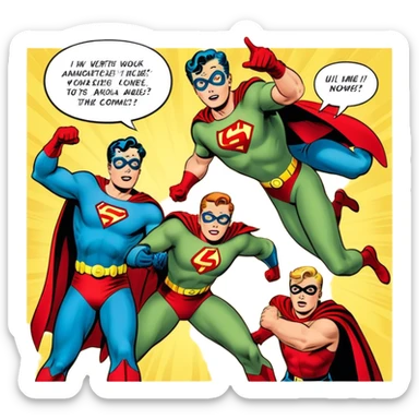 Icon for Vintage American Comics: an open comic book with classic 1940s-1950s American comic art, featuring superheroes in bold, bright colors, with action panels and exaggerated speech bubbles. The icon should represent the nostalgic style of vintage comics. Transparent background. sticker