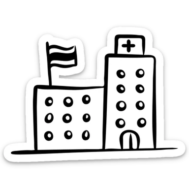 Hospital building with Thai flag on top, medical symbol, simple line drawing sticker
