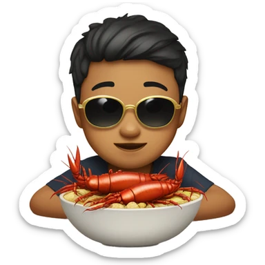 Asian kid with chubby cheeks sunglasses and a gold chain in front of a bowl of crawfish sticker
