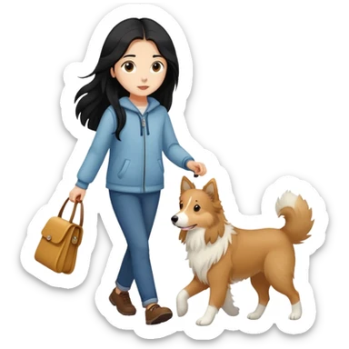 A girl with long black hair walking with a light brown collie sticker
