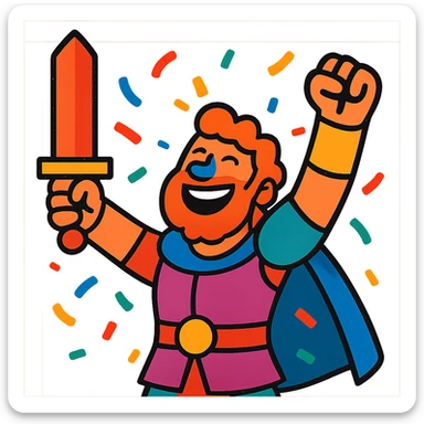 a character celebrating victory after battle, very happy, confetti and raised arms, vibrant colors sticker