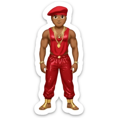 LL Cool J with red sequin baggy pants, shirtless with necklace sticker