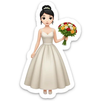 Chica blanca,cuerpo entero, vestido boda asimétrico sin vuelo tirantes , pelo negro,    ramo de flores una mano, pelo recogido en moño alto sticker