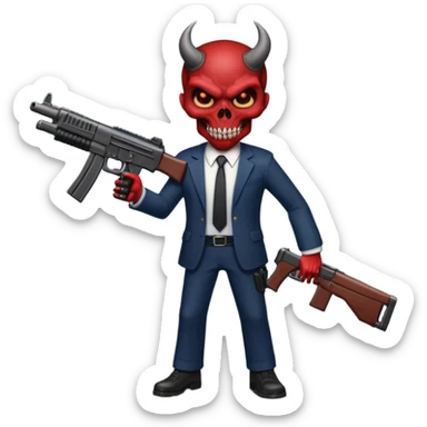 A Demon from hell that is dressed like a fbi agent with a machine gun, full body pointing the machine fun to the left. In the style of your bleeding skull artwork. sticker