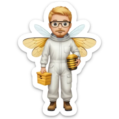 full body medium size bee keeper with  short light strawberry blonde hair and goatee wearing glasses  sticker