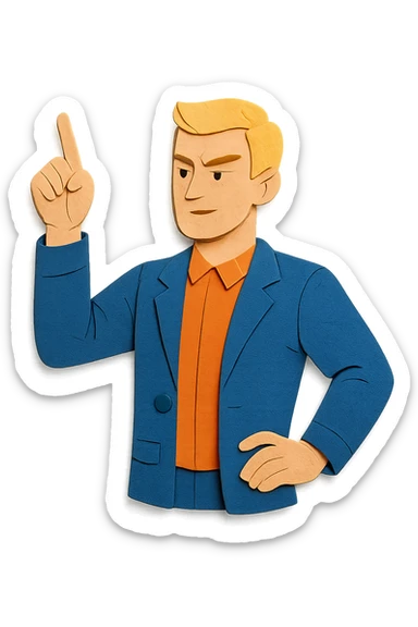 Confident male leader, Caucasian, short neat blonde hair, sharp eyes, indigo jacket, one arm raised gicing direction, waist-up, front-facing sticker