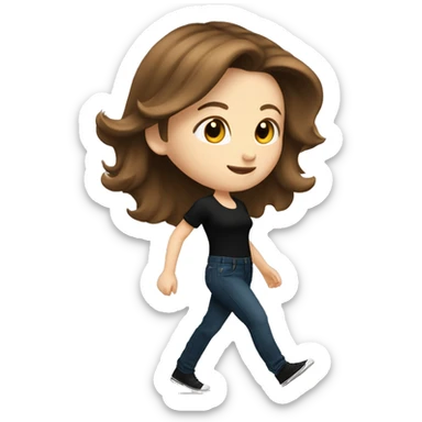 A beautiful white girl with shoulder-length brown hair in black jeans and a black blouse is walking to the right sticker