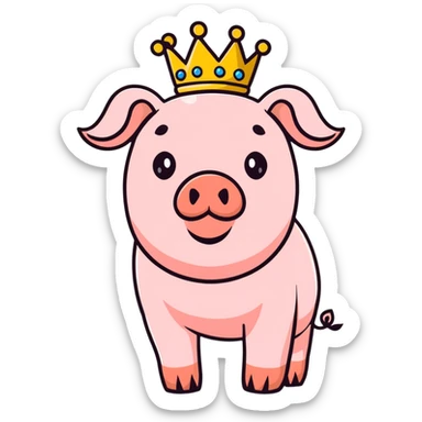 cute pig with a golden crown, chunky, colorful, simple, playful sticker