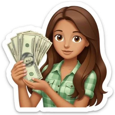 tanned girl with long brown hair holding lots of money sticker